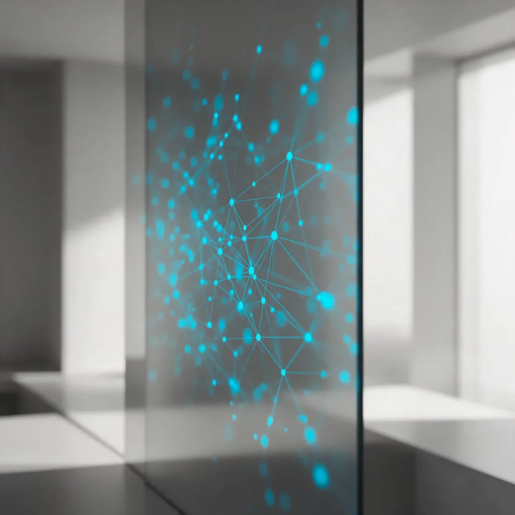 Red de puntos de datos en cian sobre un panel translúcido, en una oficina luminosa.